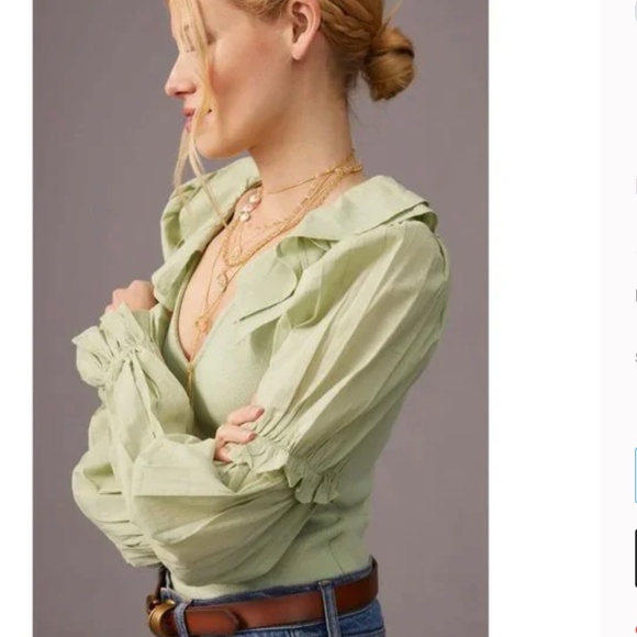 By Anthropologie Ruffled Shirt Blouse Top Solid Ribbed Long Sleeve M NWOT - Picture 5 of 8